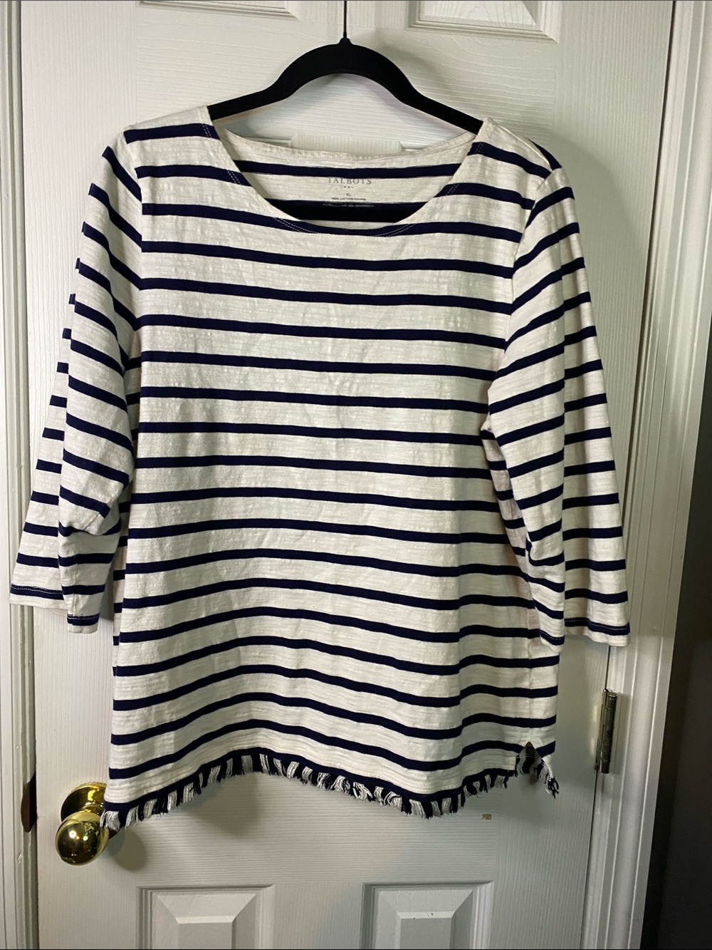 Talbots Navy and White Striped Boatneck Top with Fringe Hem Size XLarge.